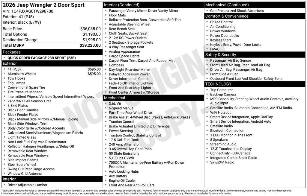 2026 Jeep Wrangler WRANGLER 2-DOOR SPORT