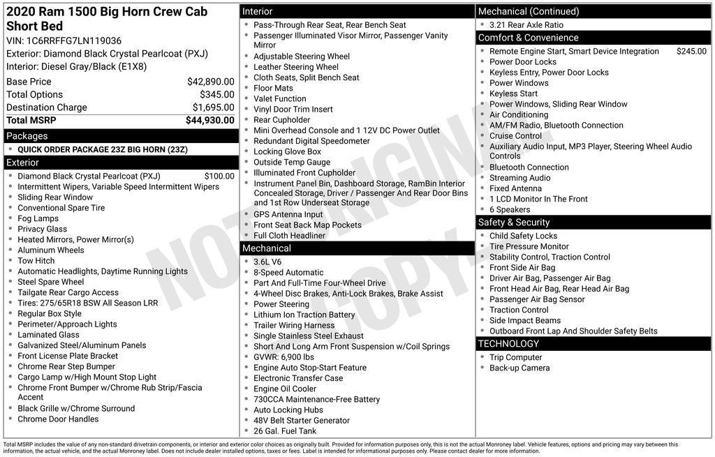 2020 RAM 1500 Big Horn Crew Cab 4x4 5'7' Box