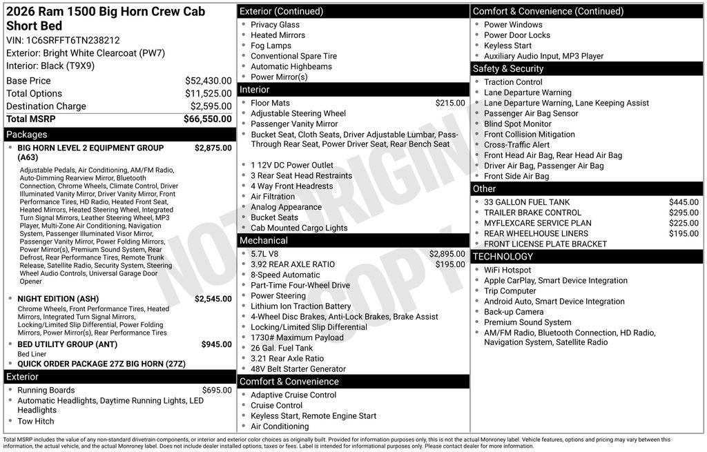 2026 RAM Ram 1500 RAM 1500 BIG HORN CREW CAB 4X4 5'7' BOX
