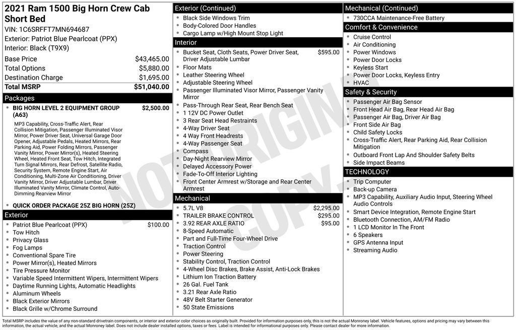 2021 RAM 1500 Big Horn Crew Cab 4x4 5'7' Box