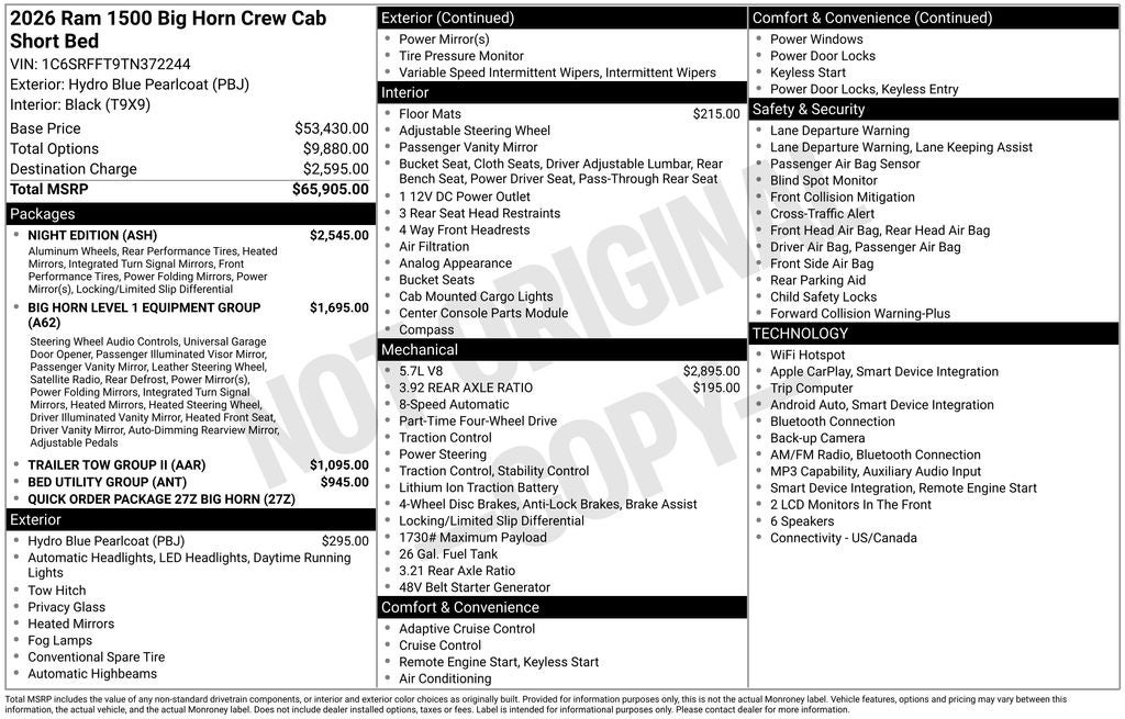 2026 RAM Ram 1500 RAM 1500 BIG HORN CREW CAB 4X4 5'7' BOX