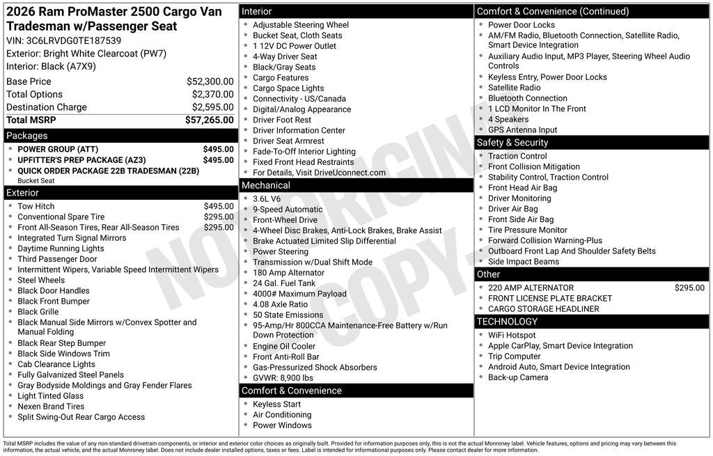 2026 RAM Ram ProMaster RAM PROMASTER 2500 TRADESMAN CARGO VAN HIGH ROOF 159' WB